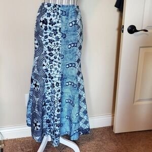 Handmade African Wax Print Batik Maxi Skirt Blue White Cotton Adjustable Waist